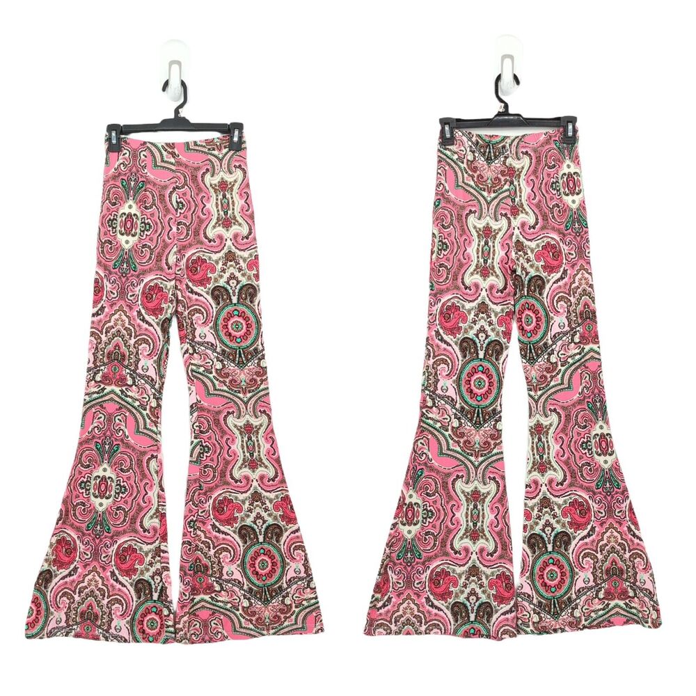 Free People Women XS Harper Pants Hot Pink Combo 70s Flare Leg Paisley NEW